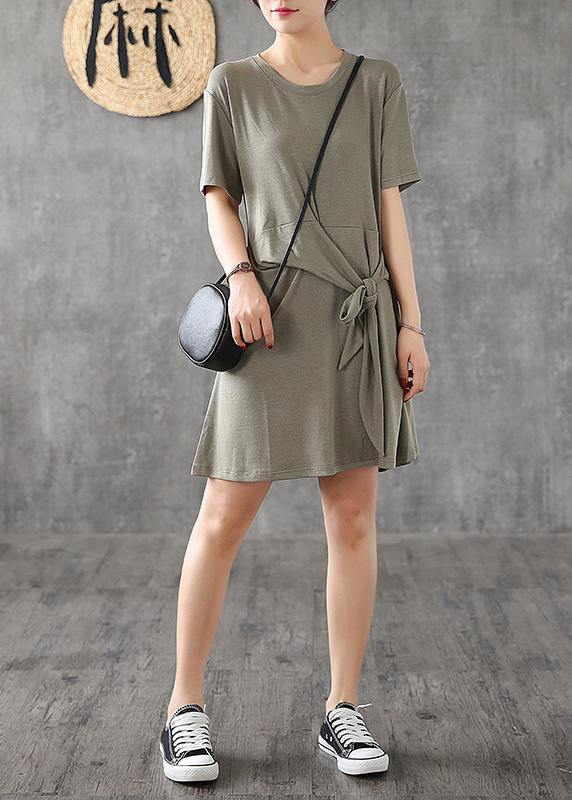 Modern green cotton clothes For Women o neck Bow Art summer Dress - SooLinen