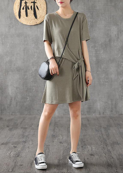 Modern green cotton clothes For Women o neck Bow Art summer Dress - SooLinen
