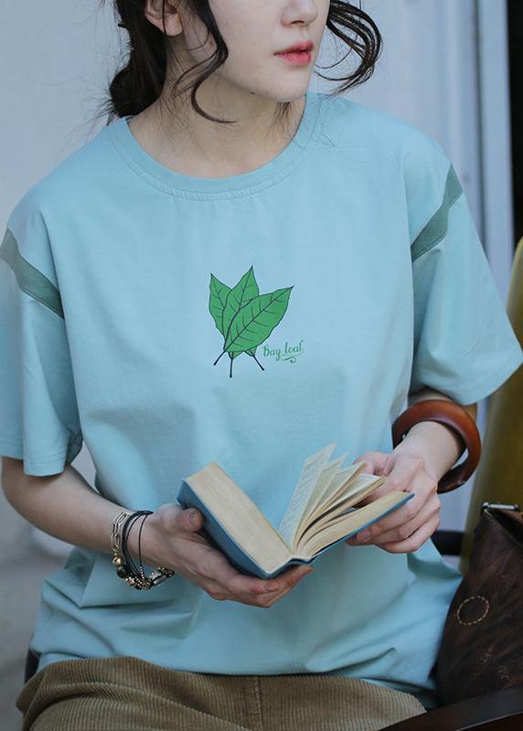 Modern green print cotton blouses for women o neck Midi summer blouses - SooLinen