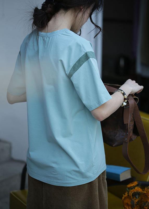 Modern green print cotton blouses for women o neck Midi summer blouses - SooLinen