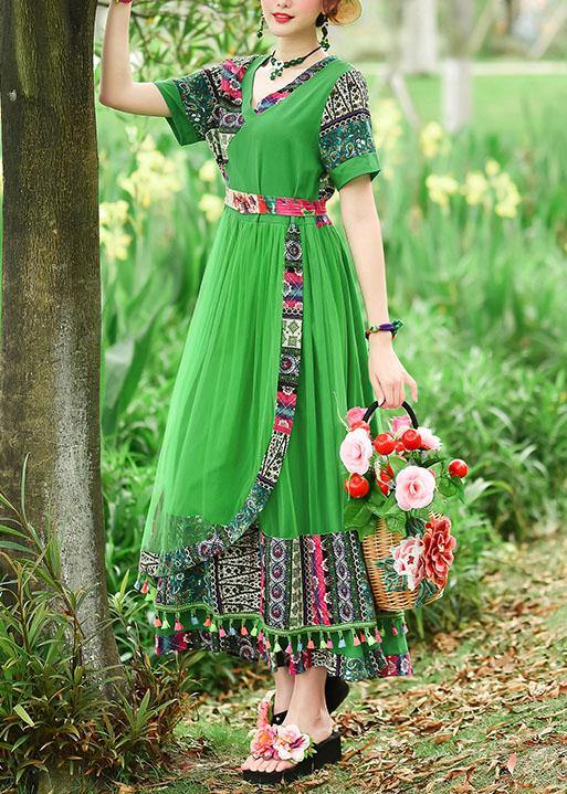 Modern green print tunics for women v neck patchwork tulle summer Dress - SooLinen