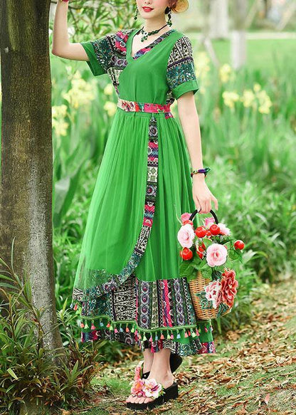 Modern green print tunics for women v neck patchwork tulle summer Dress - SooLinen