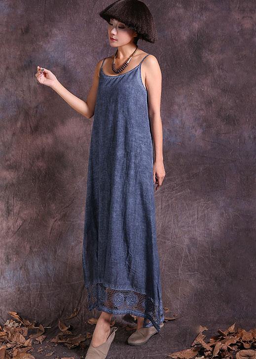 Modern hollow out hem linen clothes For Women Fashion Ideas blue side open Dress summer - SooLinen
