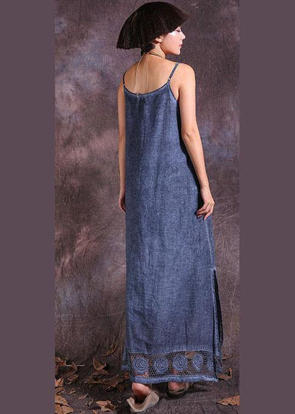 Modern hollow out hem linen clothes For Women Fashion Ideas blue side open Dress summer - SooLinen