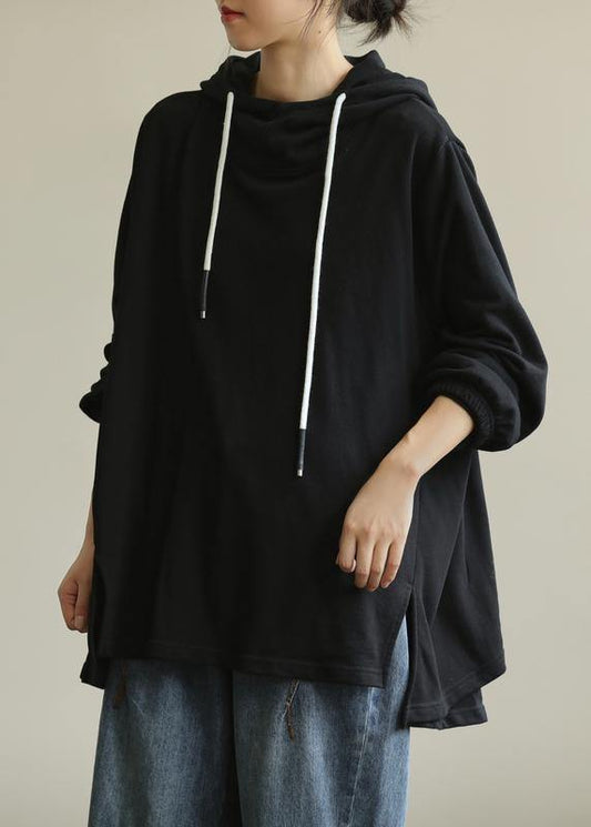 Modern hooded drawstring tunic top Cotton black shirt - SooLinen