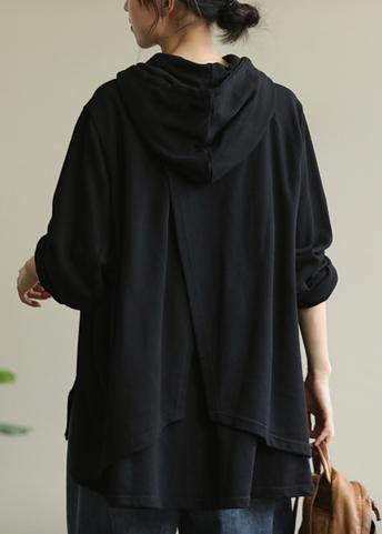 Modern hooded drawstring tunic top Cotton black shirt - SooLinen