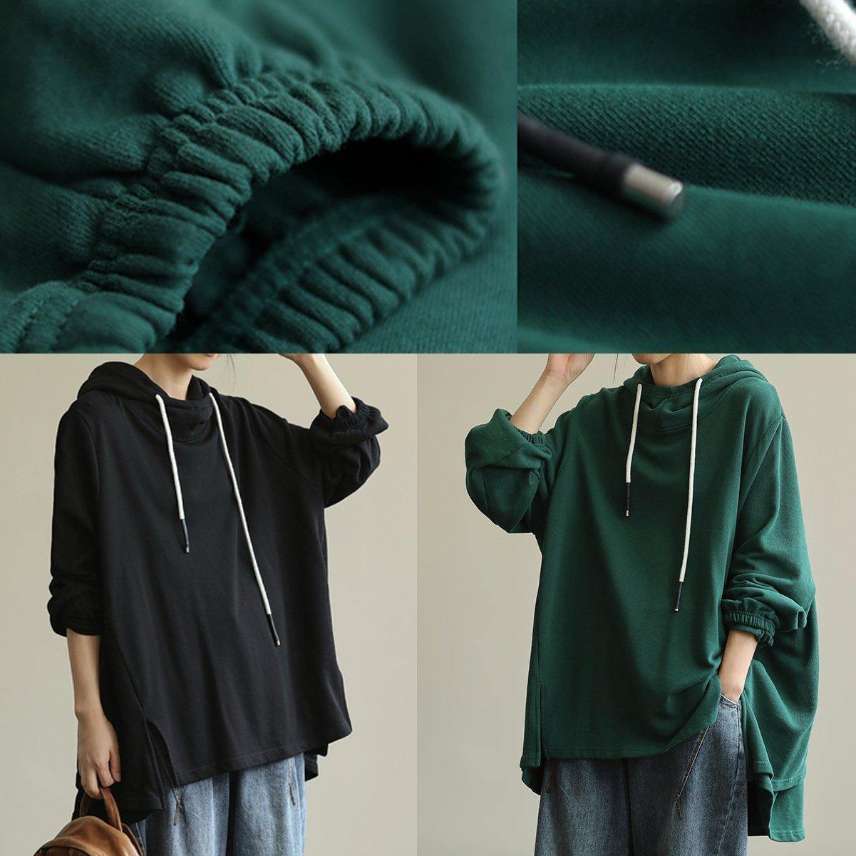 Modern hooded drawstring tunic top Cotton black shirt - SooLinen