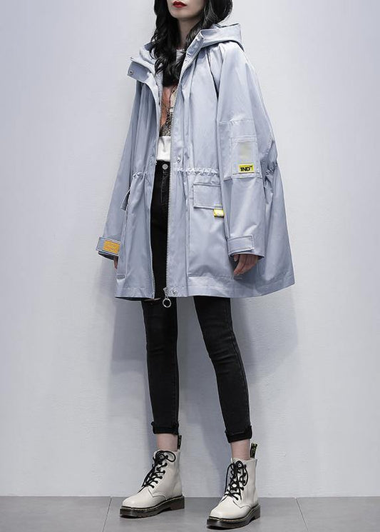 Modern hooded Cinched Plus Size trench coat gray blue coats - SooLinen