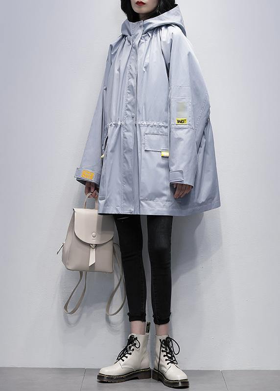 Modern hooded Cinched Plus Size trench coat gray blue coats - SooLinen