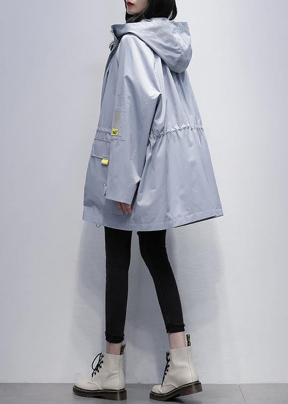 Modern hooded Cinched Plus Size trench coat gray blue coats - SooLinen