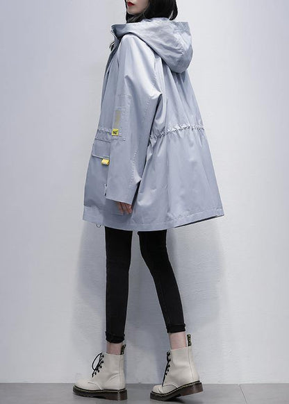 Modern hooded Cinched Plus Size trench coat gray blue coats - SooLinen