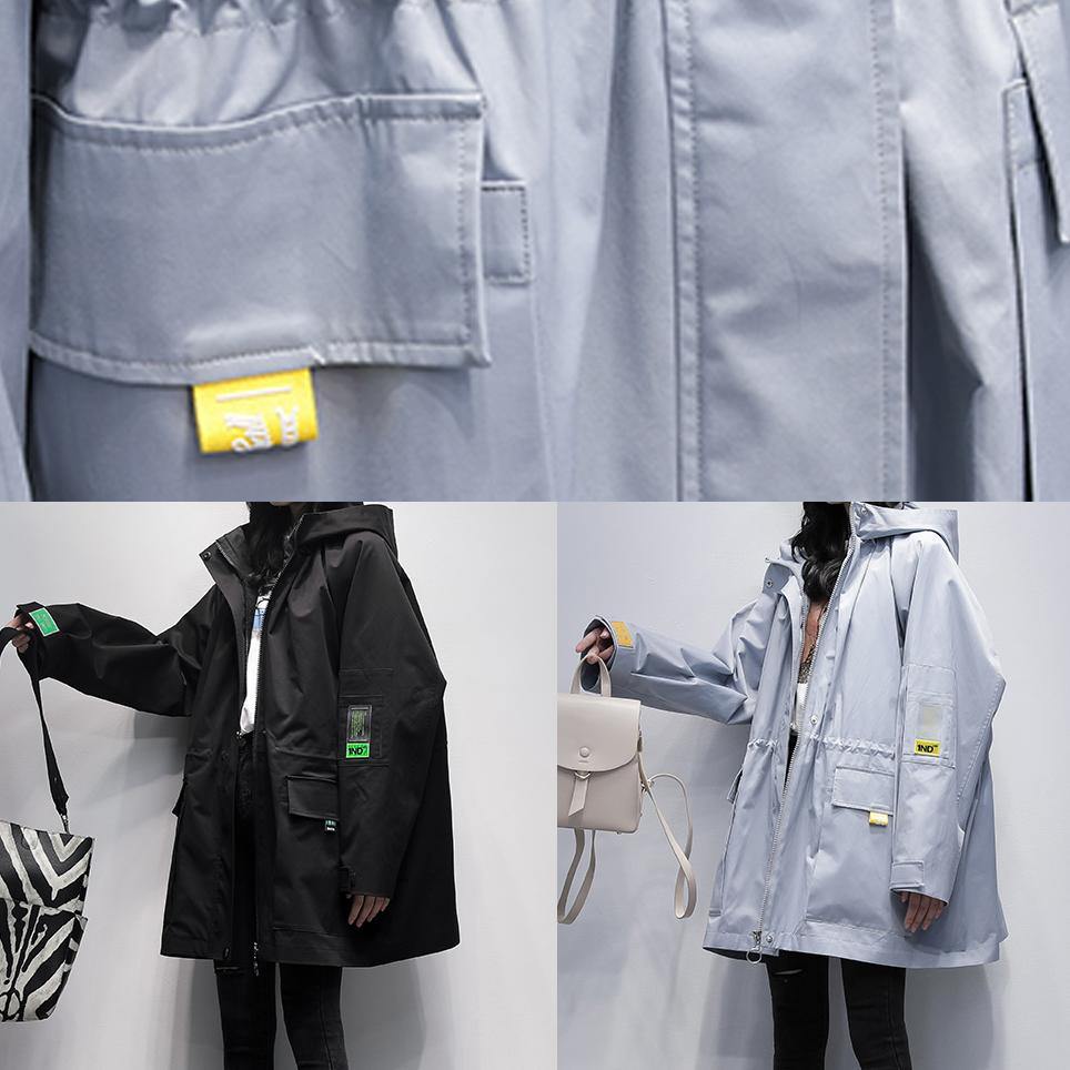Modern hooded Cinched Plus Size trench coat gray blue coats - SooLinen