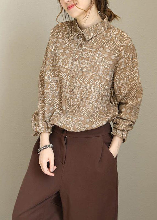Modern khaki prints cotton linen crane tops Tutorials lapel collar long sleeve tops - SooLinen