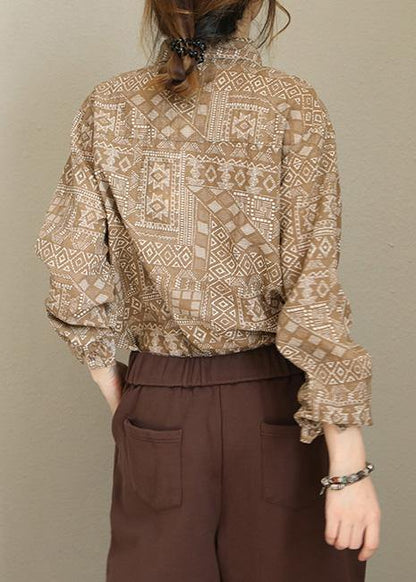 Modern khaki prints cotton linen crane tops Tutorials lapel collar long sleeve tops - SooLinen