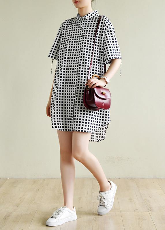 Modern lapel Button Down Wardrobes Sewing navy plaid Dresse - SooLinen