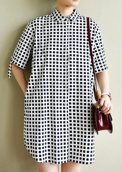 Modern lapel Button Down Wardrobes Sewing navy plaid Dresse - SooLinen