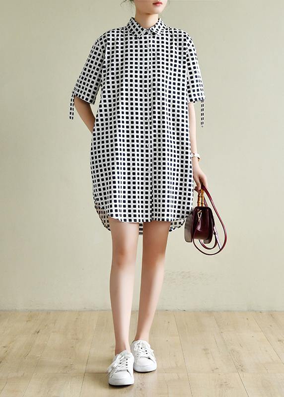 Modern lapel Button Down Wardrobes Sewing navy plaid Dresse - SooLinen