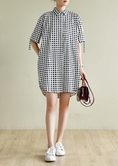 Modern lapel Button Down Wardrobes Sewing navy plaid Dresse - SooLinen