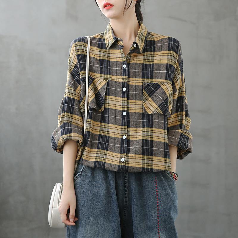 Modern lapel Button Down fall Tunic Tutorials yellow plaid blouse - SooLinen