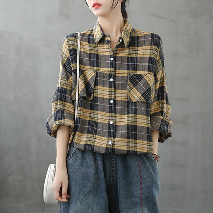 Modern lapel Button Down fall Tunic Tutorials yellow plaid blouse - SooLinen