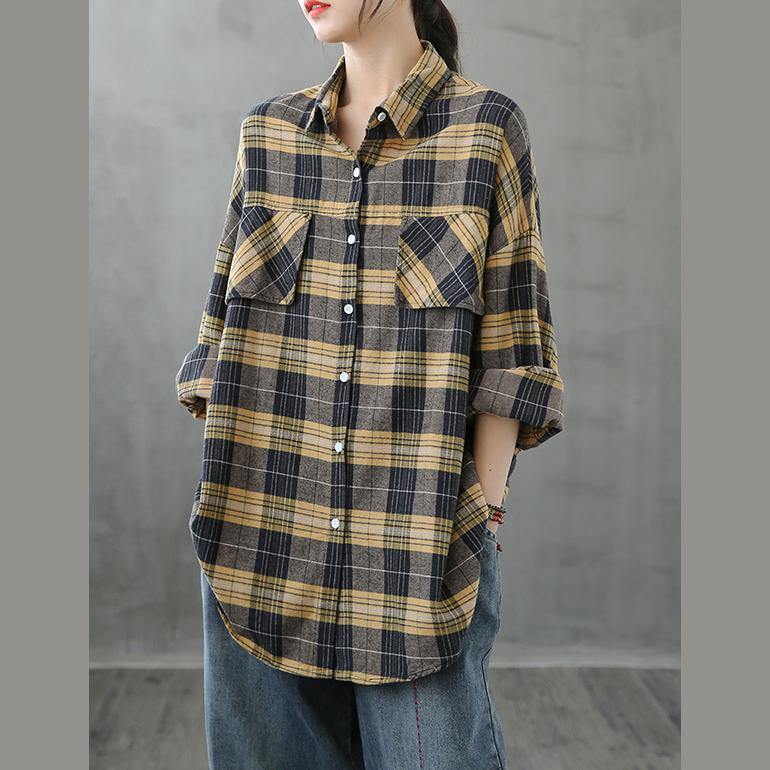 Modern lapel Button Down fall Tunic Tutorials yellow plaid blouse - SooLinen