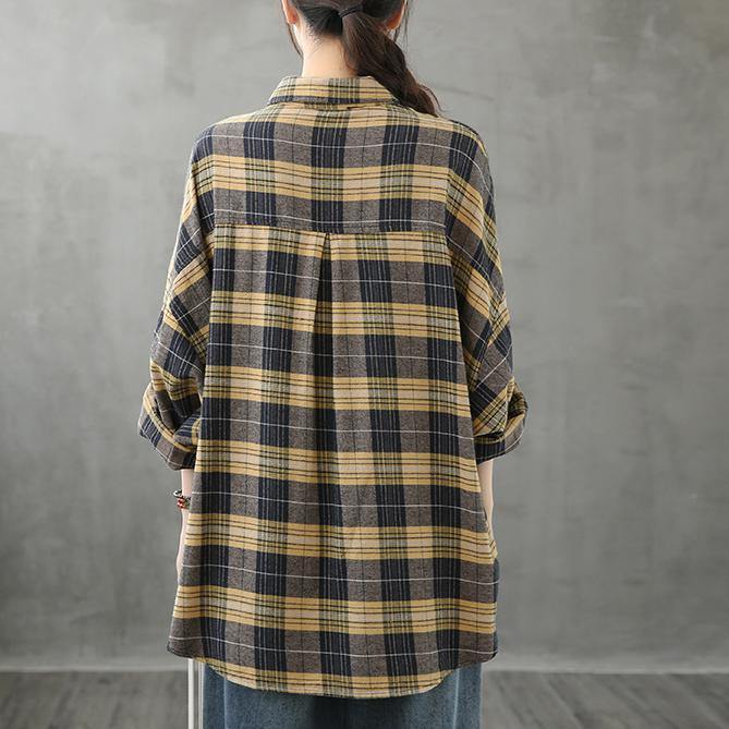 Modern lapel Button Down fall Tunic Tutorials yellow plaid blouse - SooLinen
