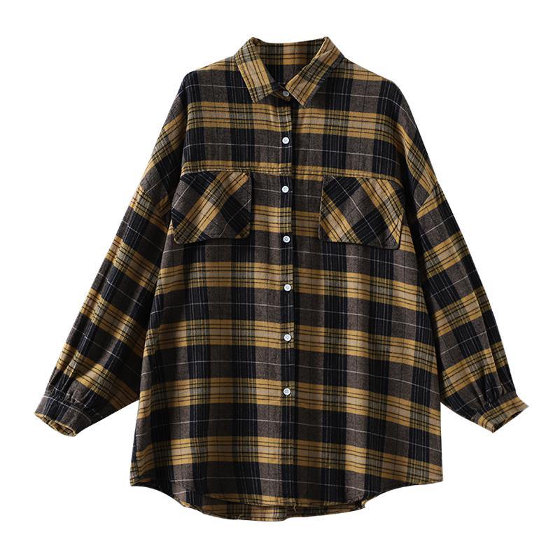 Modern lapel Button Down fall Tunic Tutorials yellow plaid blouse - SooLinen