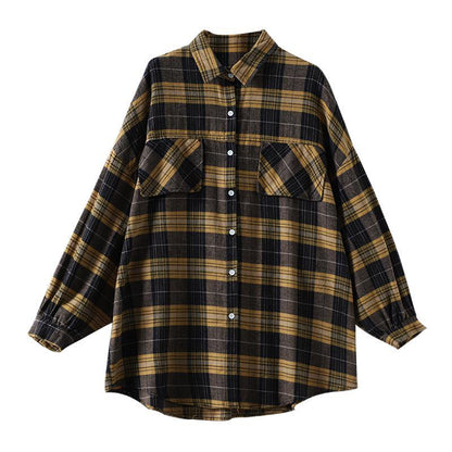 Modern lapel Button Down fall Tunic Tutorials yellow plaid blouse - SooLinen
