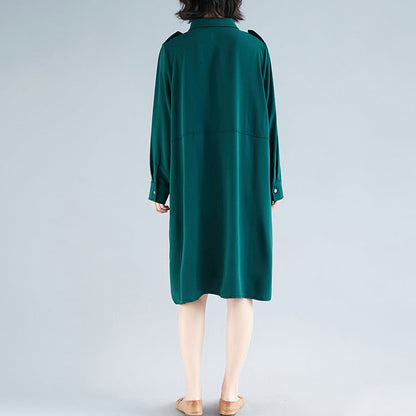 Moderne Reverskragen Baumwolle Tuniken Spaß Fotografie grün Midi Kleid Frühling