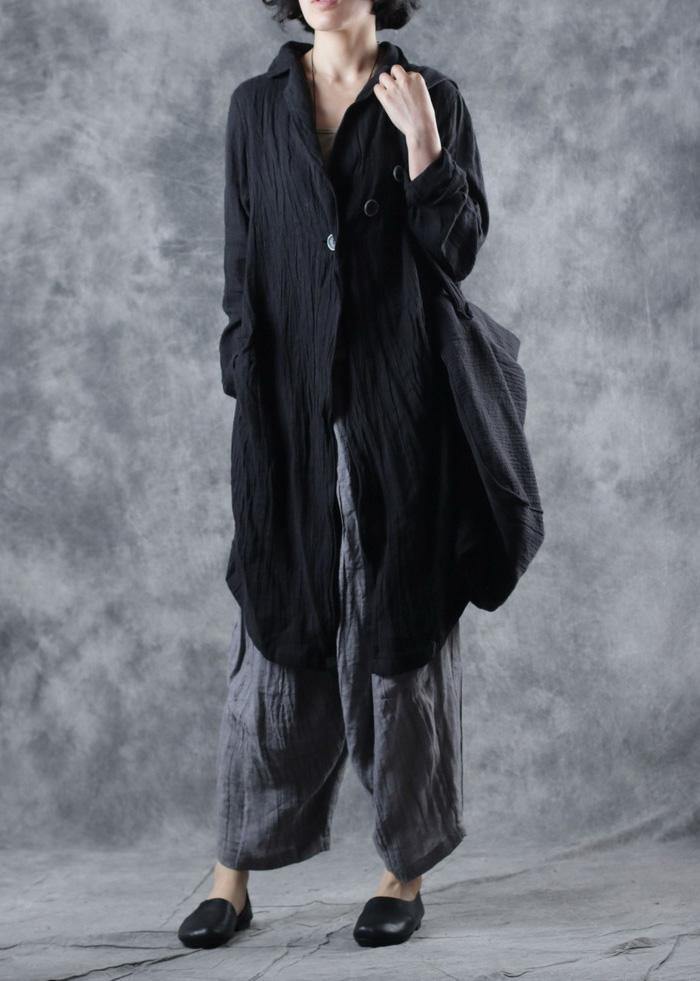Modern lapel collar linen clothes Fashion Ideas black outwear long sleeve - SooLinen