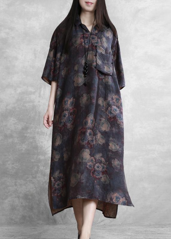 Modern lapel half sleeve summer Tunic Sleeve purple print Traveling Dresses - SooLinen
