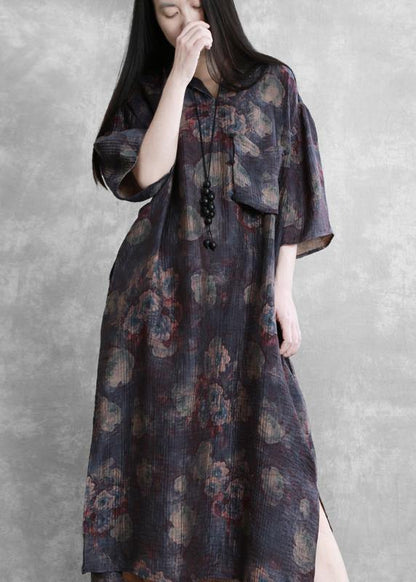 Modern lapel half sleeve summer Tunic Sleeve purple print Traveling Dresses - SooLinen