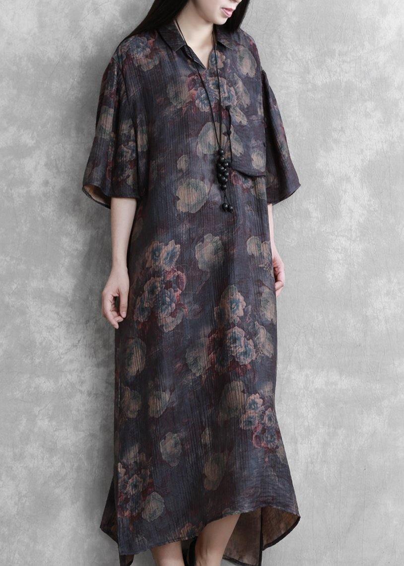 Modern lapel half sleeve summer Tunic Sleeve purple print Traveling Dresses - SooLinen