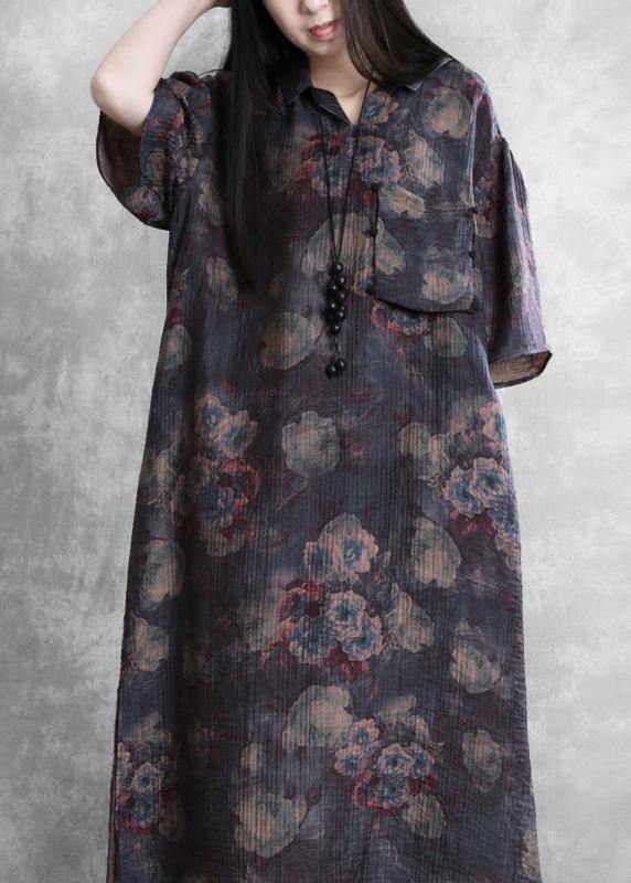 Modern lapel half sleeve summer Tunic Sleeve purple print Traveling Dresses - SooLinen