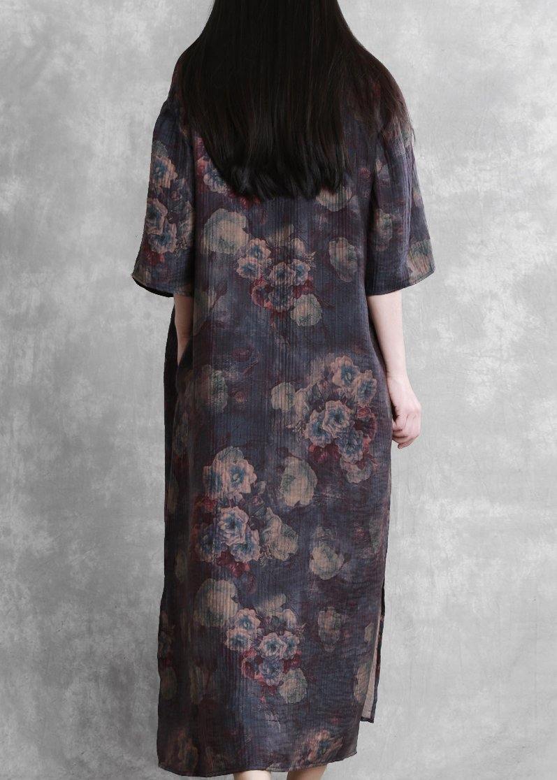 Modern lapel half sleeve summer Tunic Sleeve purple print Traveling Dresses - SooLinen