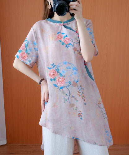 Modern light pink print top stand collar asymmetric Art tops - SooLinen