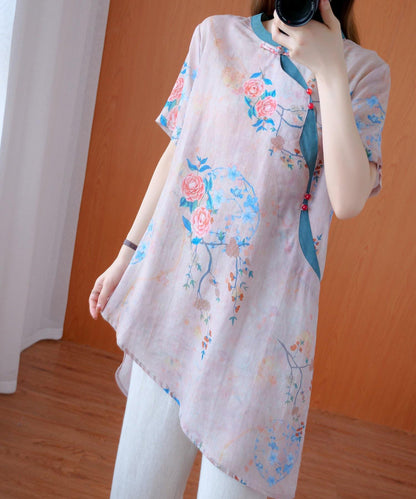 Modern light pink print top stand collar asymmetric Art tops - SooLinen