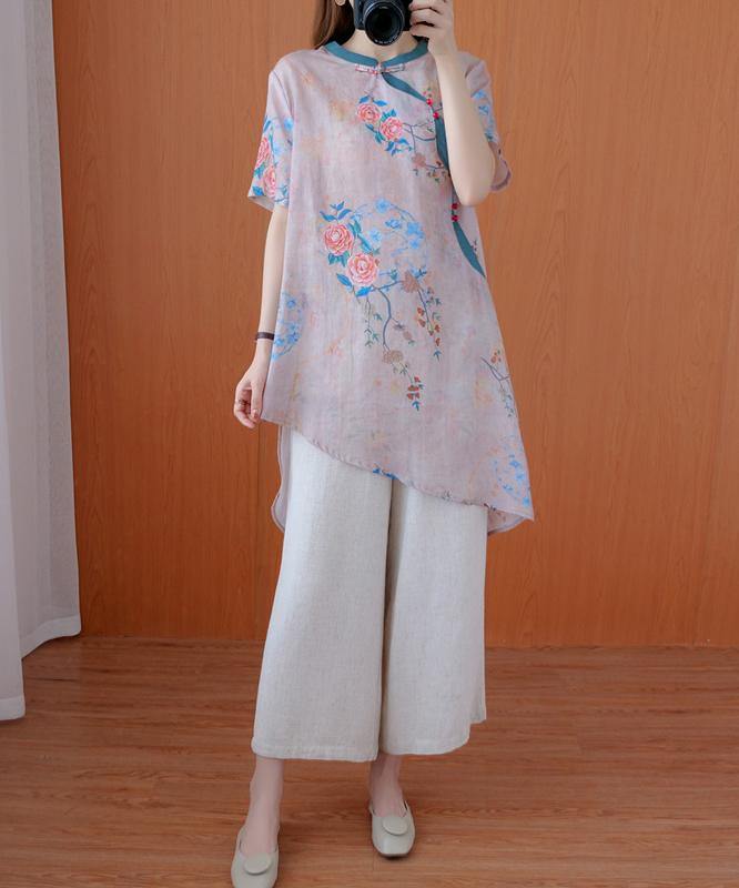 Modern light pink print top stand collar asymmetric Art tops - SooLinen