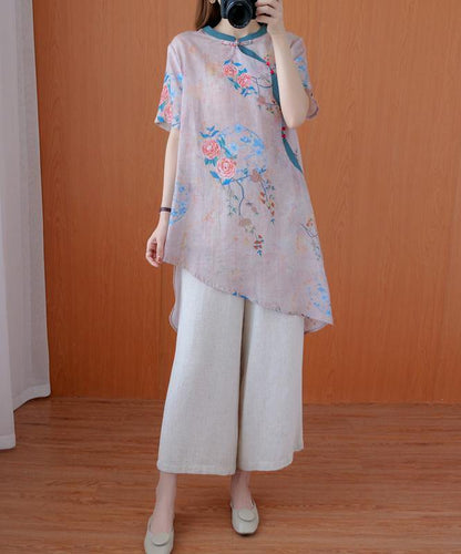 Modern light pink print top stand collar asymmetric Art tops - SooLinen