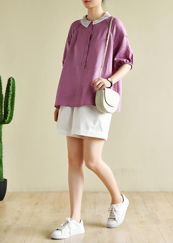 Modern light purple clothes For Women lapel half sleeve silhouette summer shirts - SooLinen