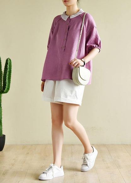 Modern light purple clothes For Women lapel half sleeve silhouette summer shirts - SooLinen