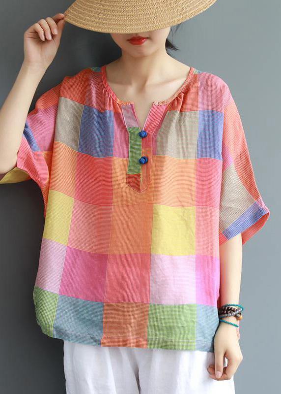 Modern linen Blouse Fashion Sweet Colored Plaid Casual Linen T-Shirt - SooLinen