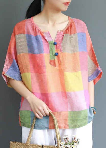 Modern linen Blouse Fashion Sweet Colored Plaid Casual Linen T-Shirt - SooLinen