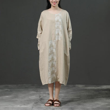 Modern linen cotton Robes 2019 Women Long Sleeve Loose Beige Autumn Dress