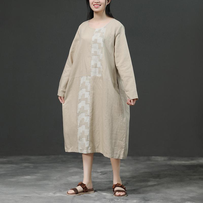 Modern linen cotton Robes 2019 Women Long Sleeve Loose Beige Autumn Dress