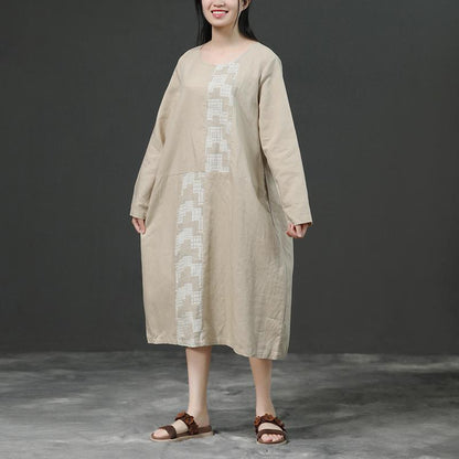 Modern linen cotton Robes 2019 Women Long Sleeve Loose Beige Autumn Dress