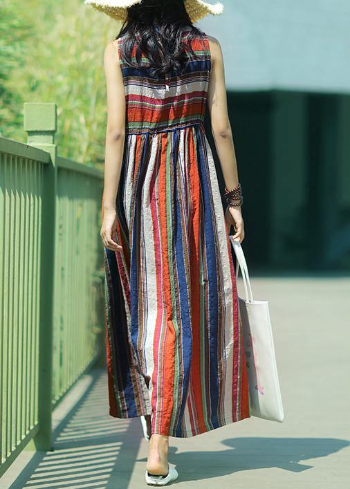 Modern multicolor striped linen dress o neck drawstring A Line summer Dresses - SooLinen