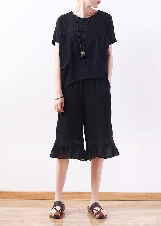 Modern o neck Batwing Sleeve cotton Tunic Sewing black shirt - SooLinen