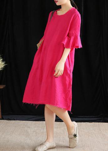Modern o neck Petal Sleeve cotton linen clothes Women Runway rose Dress - SooLinen