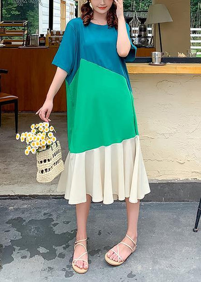 Modern o neck Ruffles clothes Runway green patchwork Art Dress - SooLinen